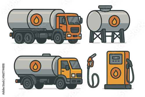 Trucks and Industrial Equipment for Handling Fuel and Resources, Vector Cartoon Illustration Set with Fuel Tankers, Storage Tanks, Gas Pump, and Fuel Nozzle on Transparent Background