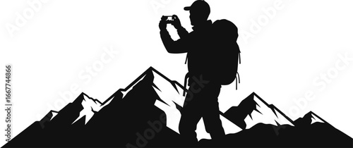Silhouette of a hiker taking a photo a mountain peak, capturing beauty of nature during an adventurous trek with a backpack
