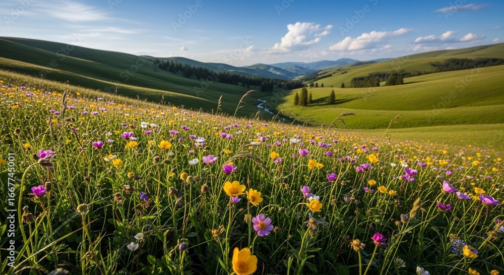 Obraz premium Scenic meadow of wildflowers in rolling green hills landscape