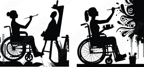 Silhouettes of artists in wheelchairs creating art with paintbrushes and easels