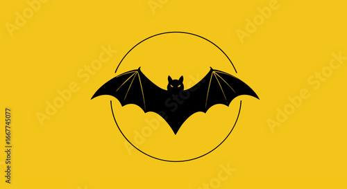 Flat black bat silhouette with spread wings on yellow circle background, minimal vector illustration, Halloween bat icon, spooky animal graphic, simple horror design element for logo or decoration