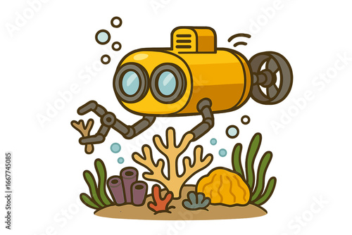 Underwater exploration drone with robotic arms at vibrant coral reef, ocean technology research vehicle, deep-sea remote-operated submarine, marine robotics vector illustration
