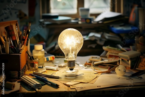 Wallpaper Mural Bright idea ignites creativity on artist's messy desk with inspiration and tools ready for work Torontodigital.ca