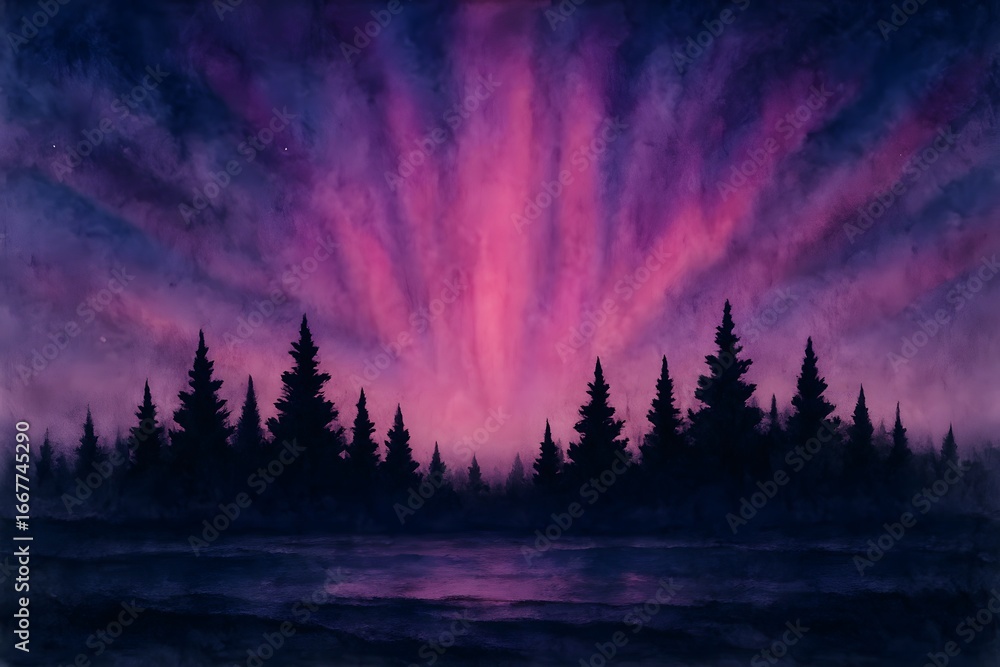 Naklejka premium Enigmatic Aurora Borealis Display Over Tranquil Forest Lake at Twilight Serene Landscape