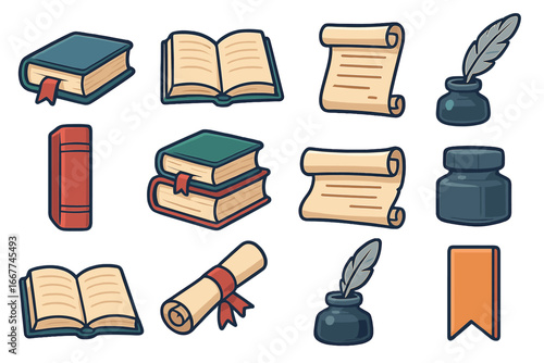 Various icons of books, scrolls, ink bottles, and bookmarks representing literature, reading, education, study materials, writing tools, and knowledge in a colorful vector cartoon style