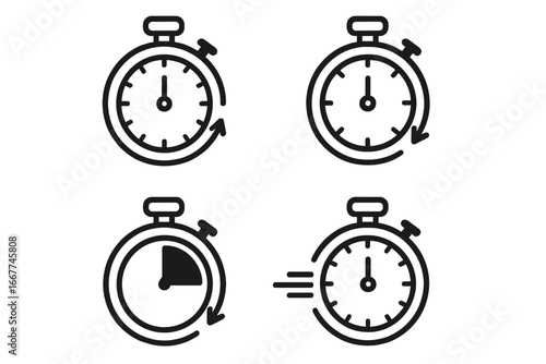 Timers and Stopwatch Vector Icons on Transparent Background, Isolated Stopwatch and Countdown Symbols, Fast Time Circle Arrows, Clock Timer Graphic Elements for Design
