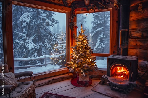 Wallpaper Mural Cozy log cabin Christmas scene with glowing fireplace and snow-covered forest view Torontodigital.ca