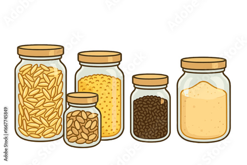 Various jars filled with assorted grains, seeds, and powders in a minimalist kitchen setting during daylight hours, vector cartoon illustration with transparent background
