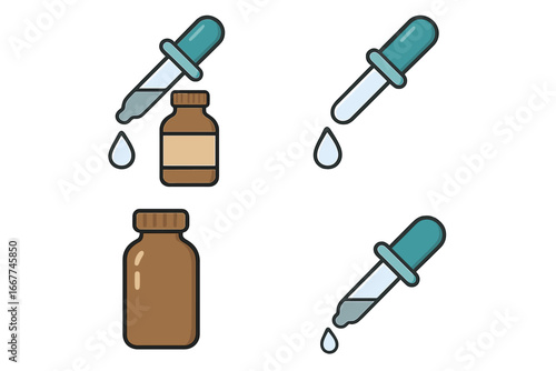 Tincture Icon Set with Pipette Picker Collection, Cartoon Style Tincture Bottle and Dropper Signs, Isolated Medical and Laboratory Vector Symbols for Health and Science Designs