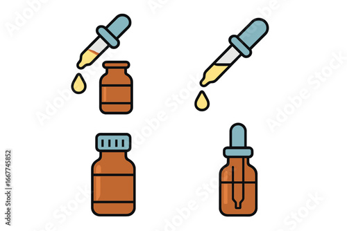 Tincture and Pipette Icons Collection, Medicine Dropper Vector Set, Cartoon Style Transparent Isolated Bottle and Liquid Droplet Illustrations for Healthcare and Pharmacy