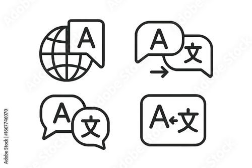 Translate icons set with language translation chat bubbles, line art vector icons, translate service symbols, communication and multilingual concept, transparent background