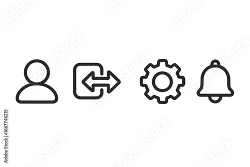User Interface Outline Icon Set with Profile, Login, Logout, Settings, Notification Symbols, Vector Cartoon Illustration, Transparent Background, Ordered Set 2