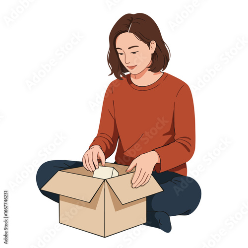 Woman sitting cross-legged unpacking cardboard box with casual clothing and focused expression vector illustration 