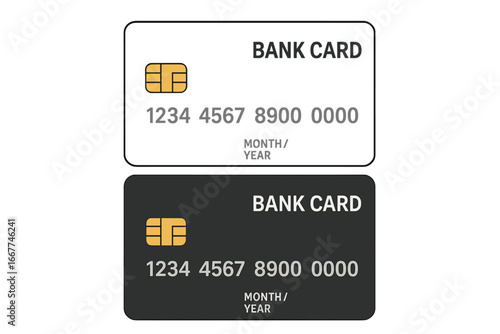 Two simple realistic empty bank cards in white and black colors on white background, vector cartoon illustration with transparent background, ordered set of modern credit cards