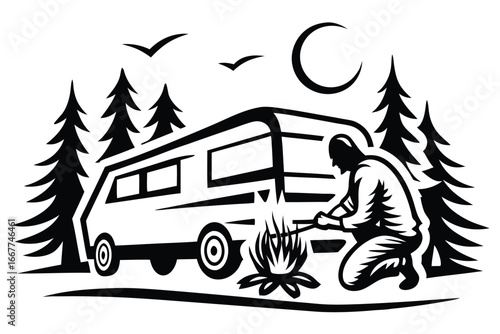 Minimalist RV Camper with Campfire Silhouette, Trees, Birds, Moon, on White