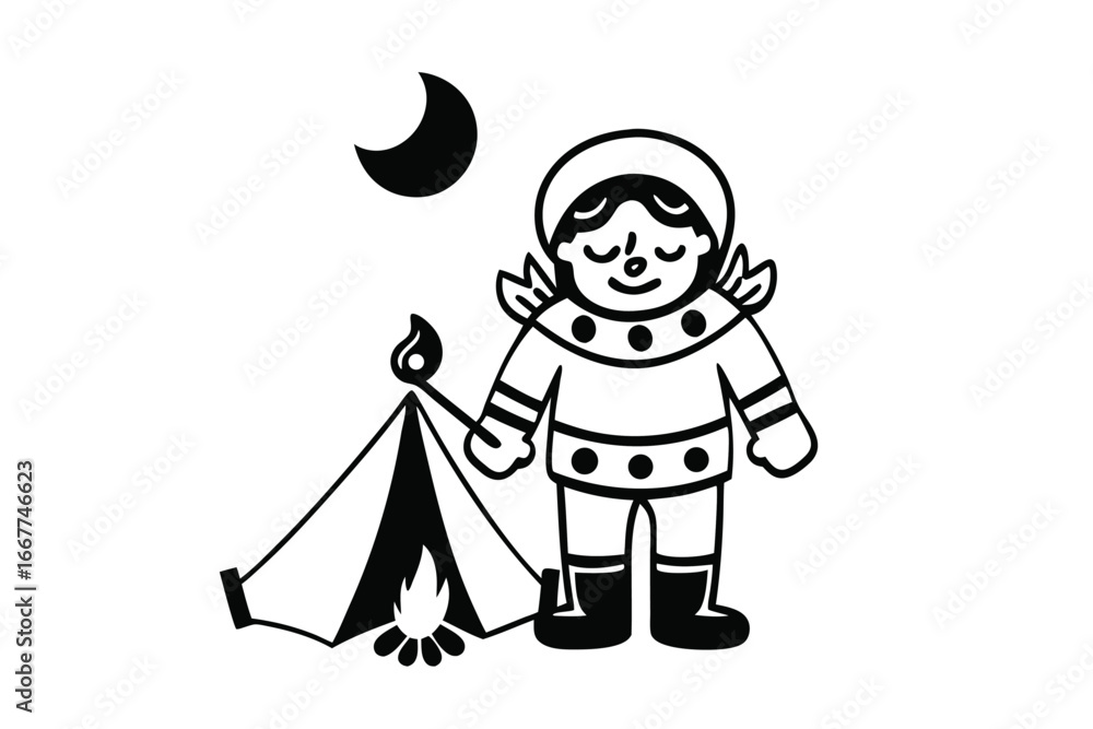 Fototapeta premium Smiling Cartoon Character Camping With Tent, Fire, and Moon on White Background