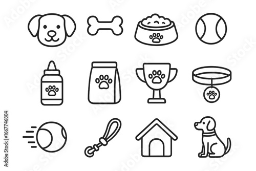 Vector illustration of dog-related line icons showcasing various pet accessories, food, toys, and activities in a clean cartoon style on transparent background, ordered set