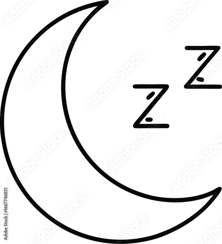 Vector art of line art of a crescent moon with zzz symbols indicating sleep