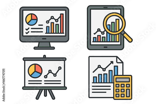 Wallpaper Mural Visual representations of data analysis, business intelligence tools, and statistical insights, including charts, graphs, magnifying glass, calculator, and presentation vector cartoon illustration set Torontodigital.ca