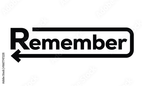 Minimalist black and white graphic of "remember" in bold geometric font. Numbers connected by wave-like line with arrows, symbolizing transition. Clean, modern, rectangular frame design.