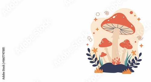 Colorful mushrooms with leaves in whimsical illustration style  