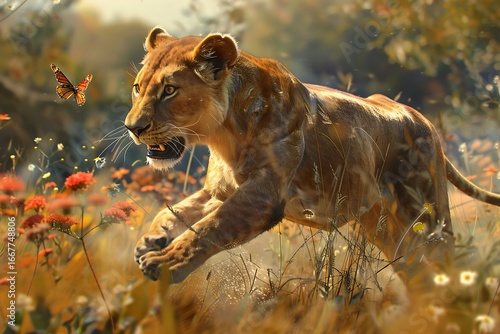 Wallpaper Mural Majestic lioness pounces through vibrant wildflower meadow, chasing an orange butterfly in golden sunlight Torontodigital.ca