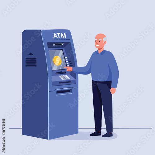 Elderly man using blue ATM machine for cash withdrawal in simple indoor setting vector illustration 
