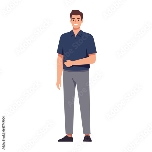 Young man standing in casual outfit with navy shirt and grey pants vector illustration portrait style 