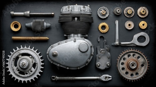Vintage motorcycle engine parts arranged on dark background showing chrome details, gears, and mechanical complexity for automotive restoration and mechanics themes.