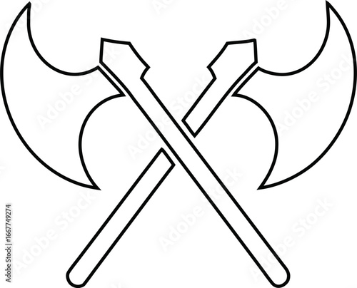 Rustic outline vector of crossed axes, perfect for woodworking emblems, lumberjack branding, camping logos, and hunting graphics.