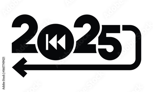 Minimalist black and white graphic of 2025 in bold geometric font. Numbers connected by wave-like line with arrows, symbolizing transition. Clean, modern, rectangular frame design.
