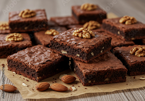 Wallpaper Mural a cluster of rich and textured chocolate fudge brownies, garnished with walnuts and almonds, served on brown paper Torontodigital.ca