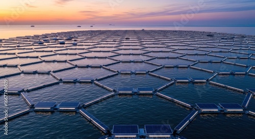 Expansive hexagonal floating solar panel farm on the sea at sunset.