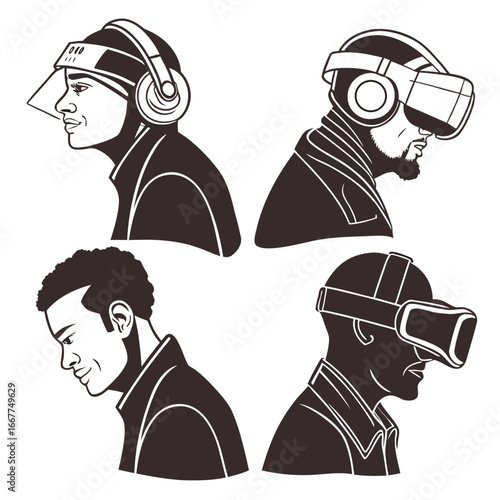Diverse people wearing virtual reality headsets and futuristic headgear