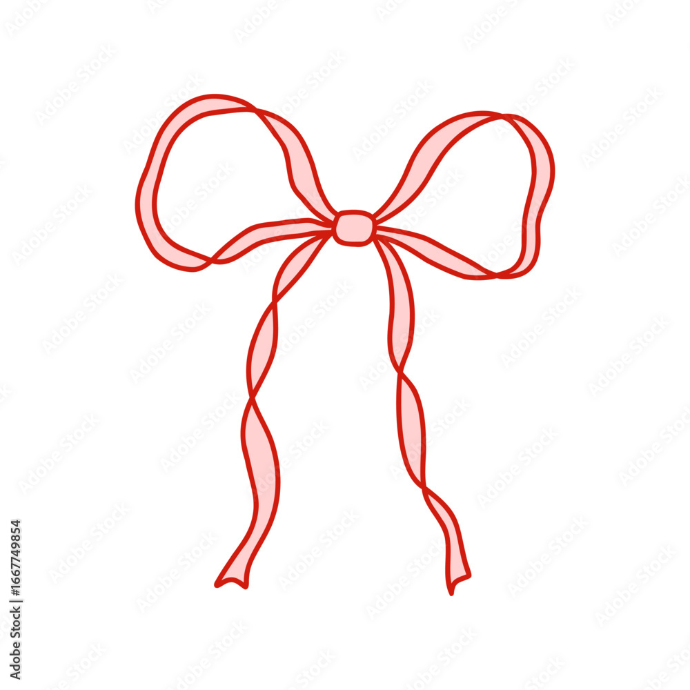 Whimsical coquette pink bow ribbon with red outline. Cute and elegant design element for Valentines Day, packaging, greeting cards, scrapbooking, feminine branding, and decorations. Vector art Whimsical coquette pink bow ribbon with red outline. Cute and elegant design element for Valentines Day, packaging, greeting cards, scrapbooking, feminine branding, and decorations. Vector art