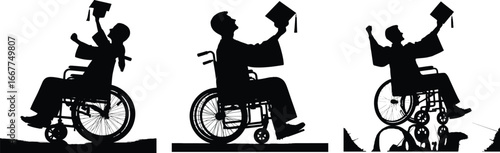 Graduation celebration three silhouettes of students in wheelchairs tossing caps joyfully 