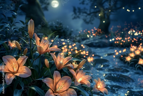 Wallpaper Mural Enchanting moonlit garden path lined with glowing lilies and sparkling fairy lights at night Torontodigital.ca