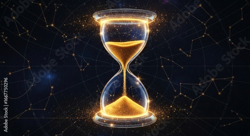 Golden hourglass with sparkling sand against starry sky