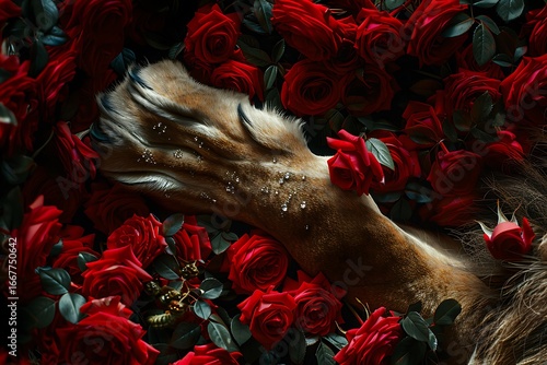 Wallpaper Mural Majestic lion paw nestled amongst vibrant red roses, symbolizing strength and beauty. Torontodigital.ca