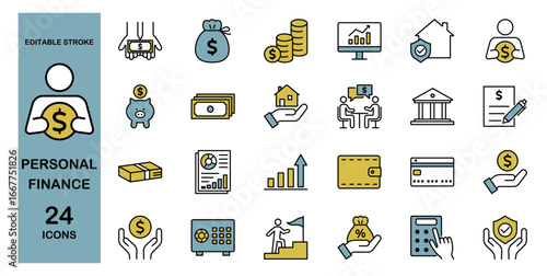 Personal finance line icon set – Includes money, investment income, loan and wealth. Editable stroke. Colored vector illustration.