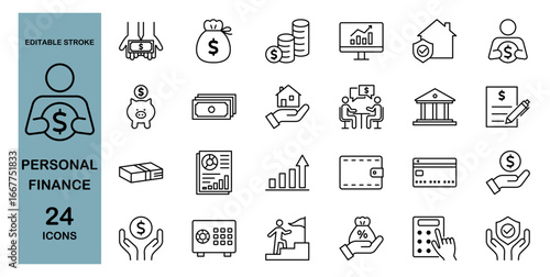 Personal finance line icon set – Includes money, investment income, loan and wealth. Editable stroke. Vector illustration.