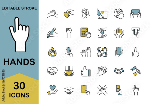 Hands line icon set – Includes gesture, handshake, writing and pointing. Editable stroke. Colored vector illustration.