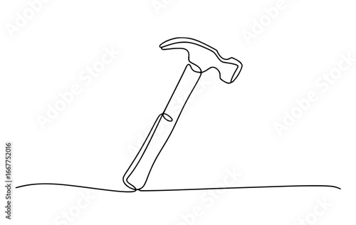 Minimalist continuous line drawing of a hammer