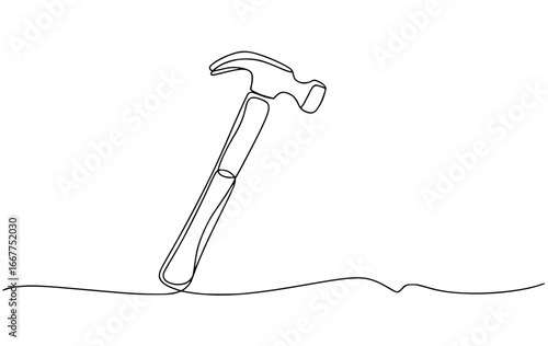 Minimalist continuous line drawing of a hammer