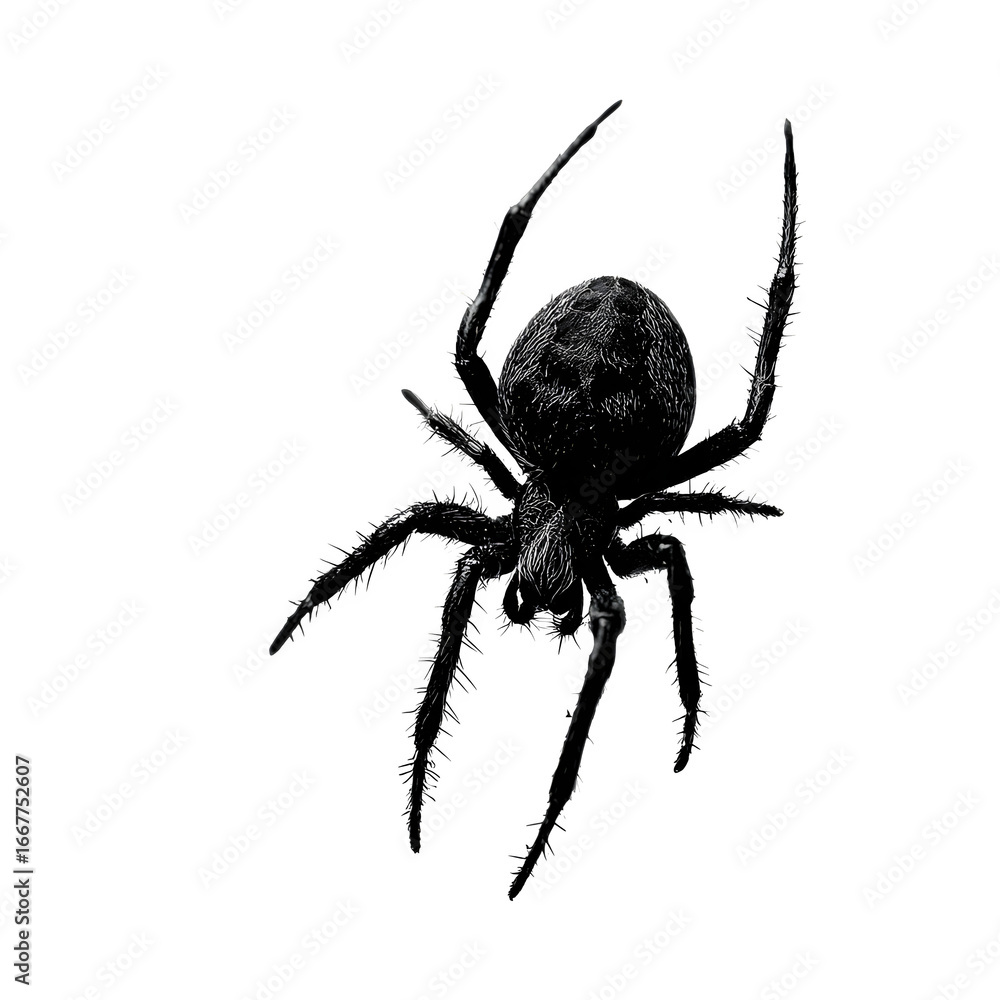 Obraz premium Grunge black spider silhouette png, spooky arachnid insect illustration, Halloween creepy critter isolated on white