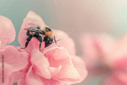 Wallpaper Mural Delicate bumblebee gathers nectar from soft pink blossom in gentle macro detail Torontodigital.ca