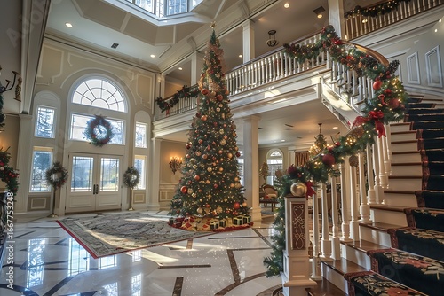 Wallpaper Mural Elegant grand foyer adorned with a towering Christmas tree and festive garlands welcomes guests Torontodigital.ca