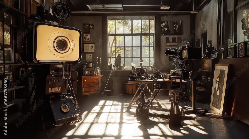 Naklejka premium A vintage photography studio filled with old equipment