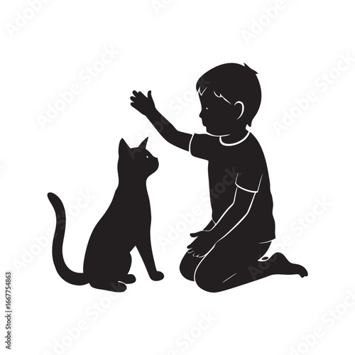 Child Playing With Cat Silhouette Vector Artwork