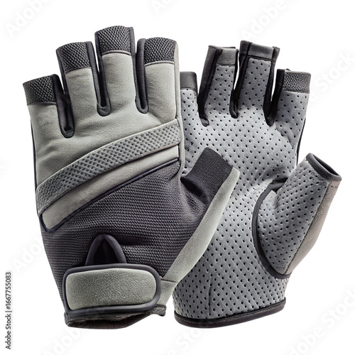 Pair of grey fingerless weightlifting gloves isolated on transparent background